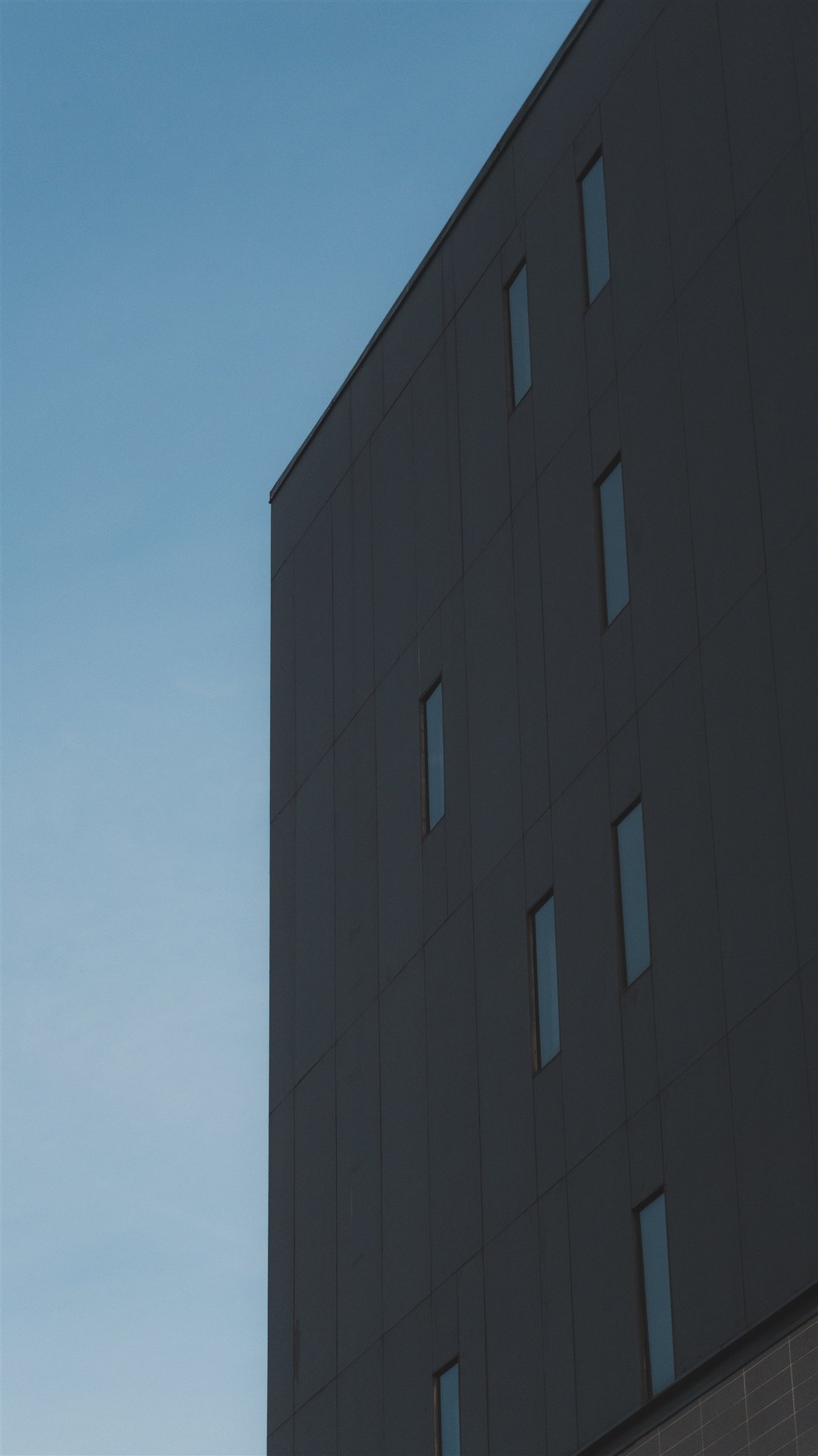 Fachada oscura de un edificio recortada contra un cielo azul