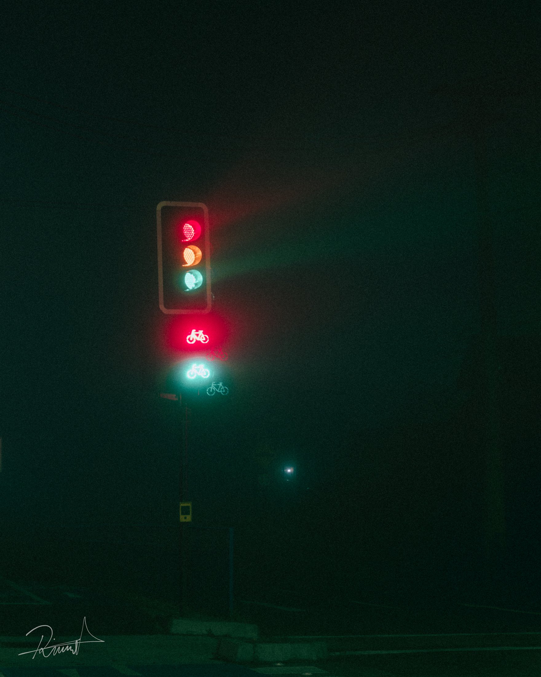 Semáforo para bicicletas iluminado entre la oscuridad y la neblina